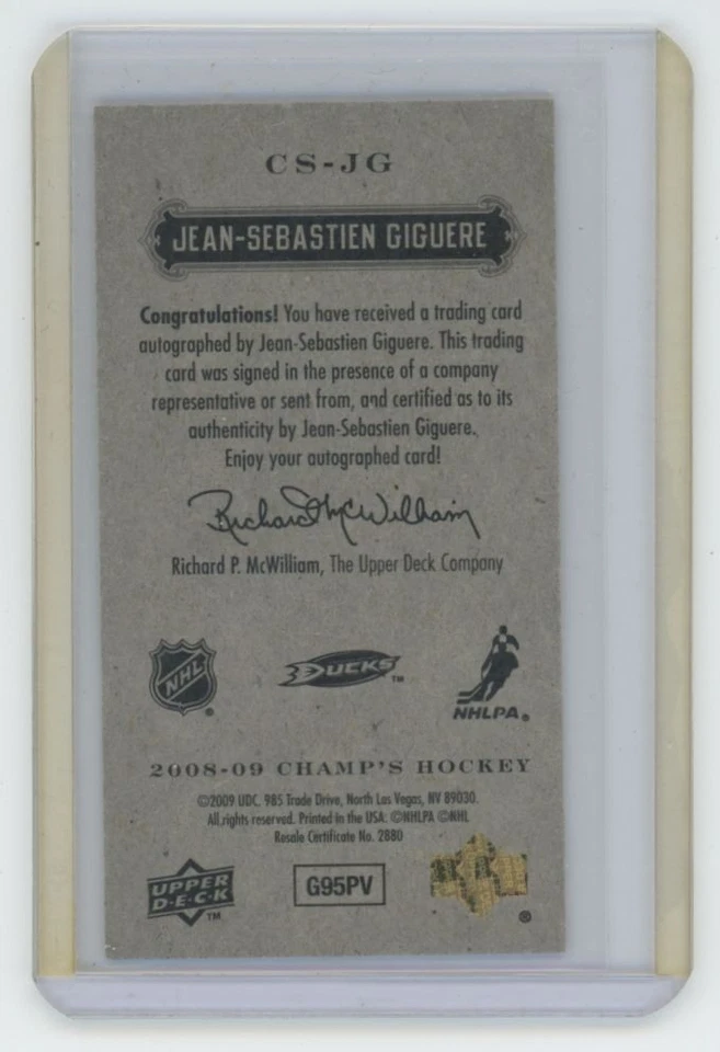 2008-09 UPPER DECK CHAMP'S Jean-Sebastien Giguere MINIS SIGNATURES AUTO - Image 2 of 2