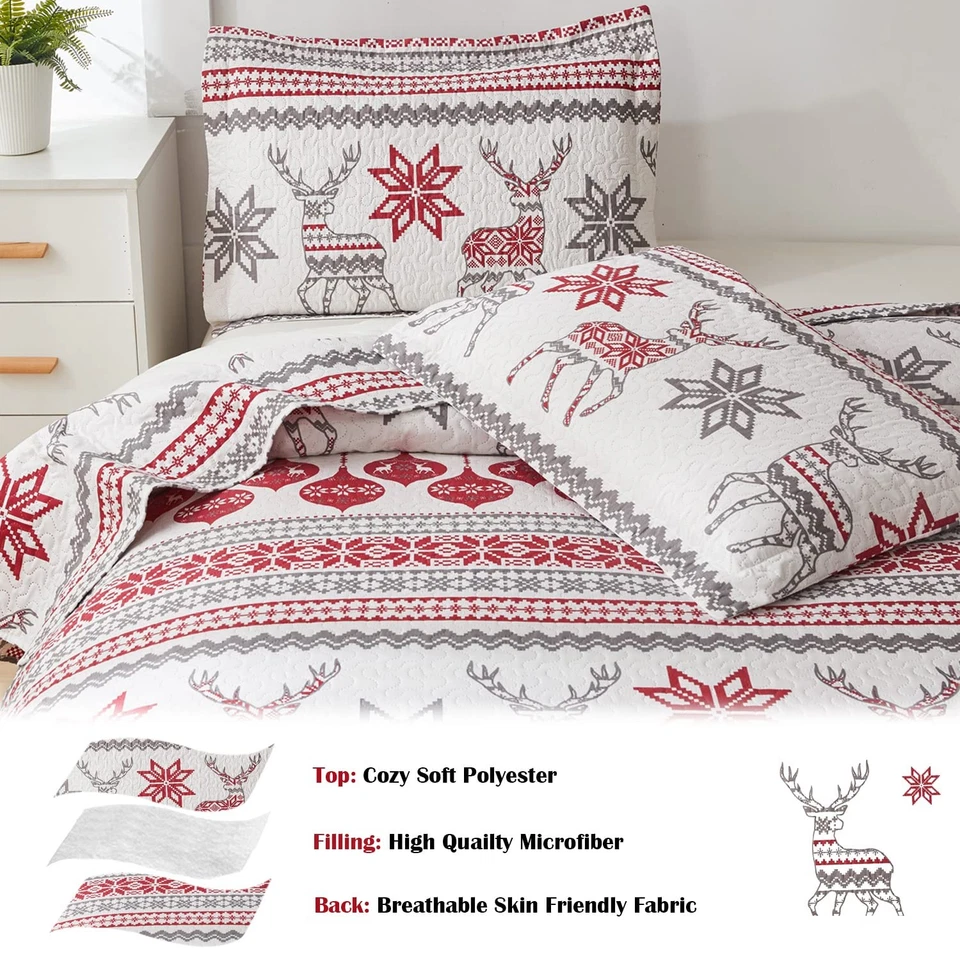 Juego de edredón de Navidad tamaño doble 3 piezas colcha de Navidad cubrecama con reno P... Foto 4 de 4