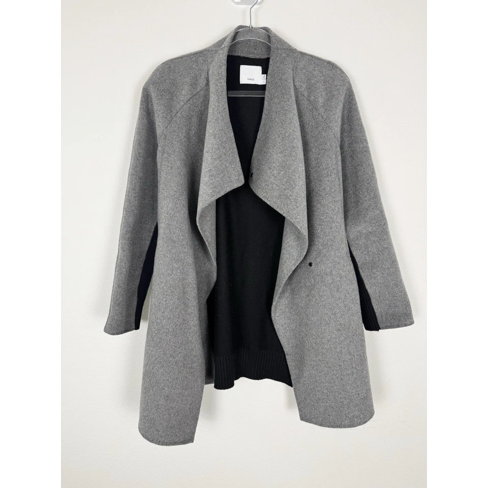 Abrigo Chaqueta Vince Mujer Pequeño Lana Gris Negro Cortina Cuello Tejido Panel Foto 3 de 4