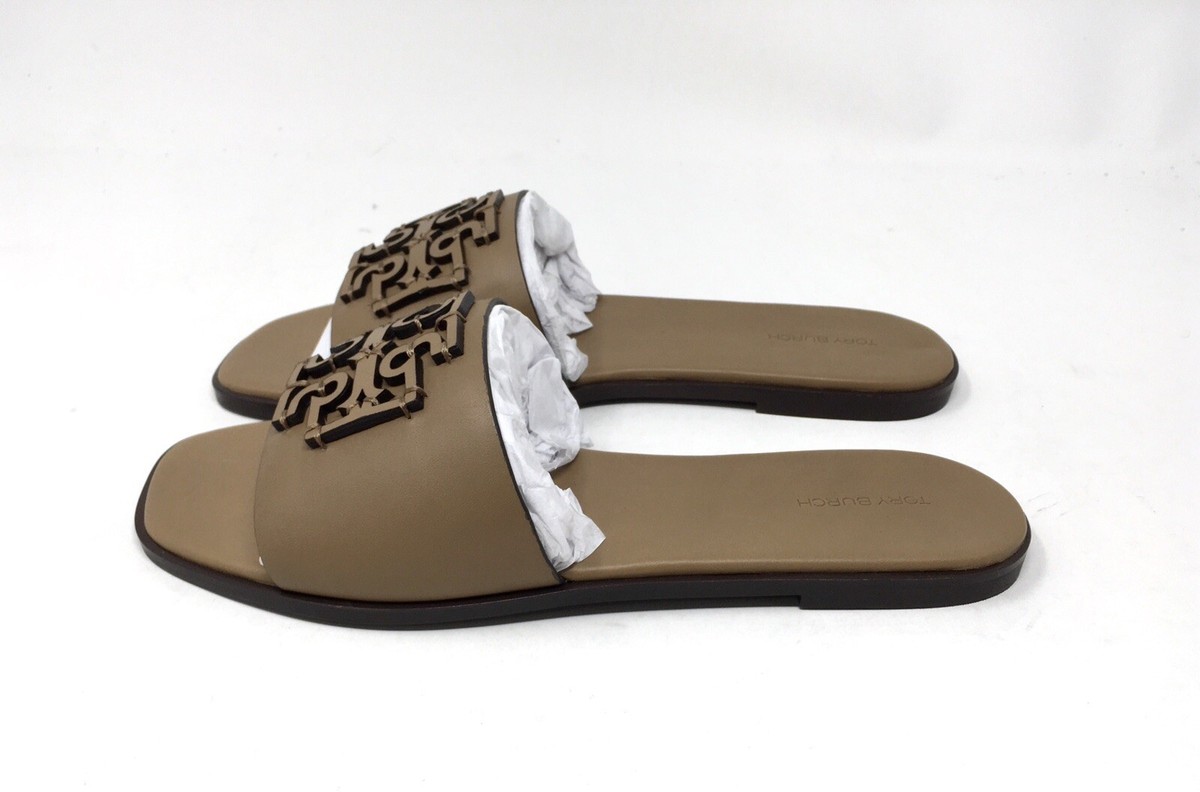 Tory Burch Ines Logo Leather Slides Almond, NIB, Size 8