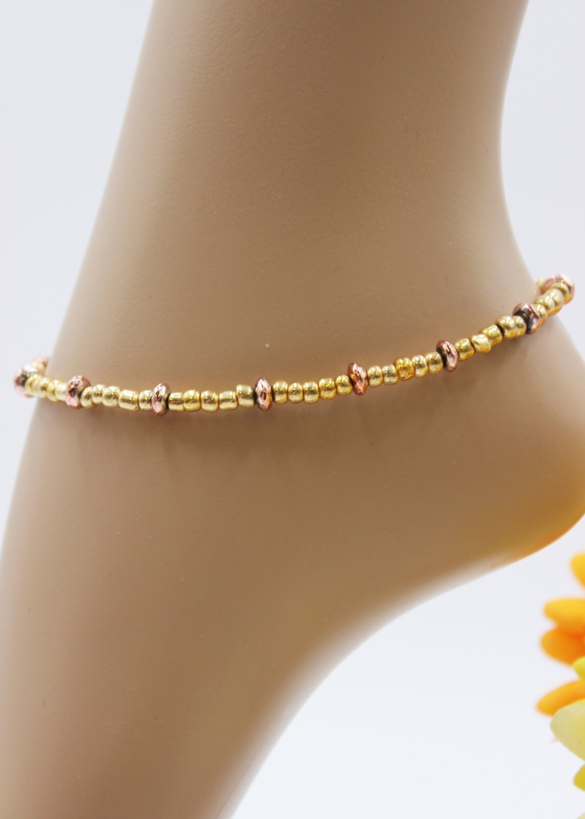 Anklet Boho Hippie Hematite Beads Gold Summer Size M #KA083