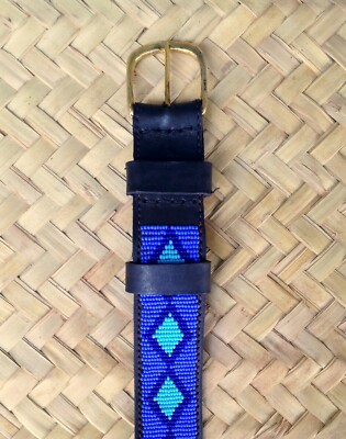 Leather Beaded Belt Blue Handmade Masai Kenya African Art  display picture 1