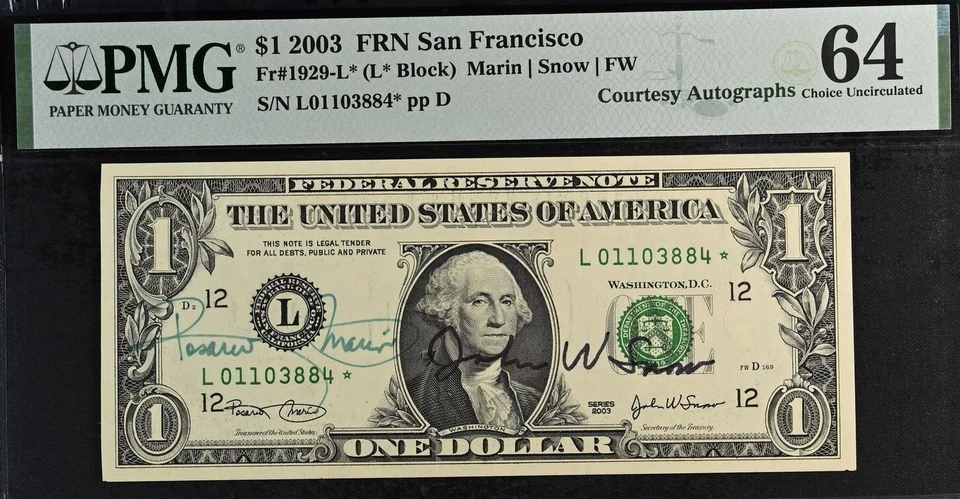 2003 $1 Federal Reserve Note PMG 64 autographed star by both Secretary Treasurer - Image 2 of 3
