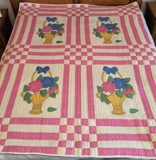 Vintage Pink May Flower Basket Design Applique Quilt - Large 74 x 88 Full Size
