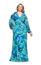 NWT Xscape 16W Blue Green Cold Shoulder Pleated Maxi Dress Formal Evening $279
