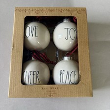 New RAE DUNN by Magenta 4 Ceramic Christmas Ornaments Love Joy Cheer  Peace Box