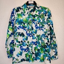 Artigiano 100% Linen Floral Shirt Womens UK 12 Blue Green Long Sleeve