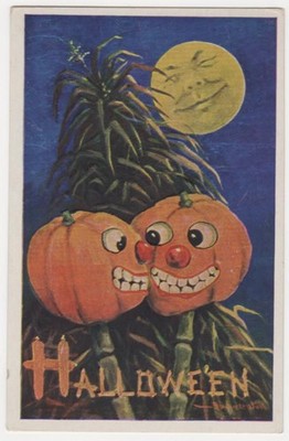 Halloween Post Card. Jack -O- Lantern And Man In The Moon. Unposted
