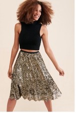 ANTHROPOLOGIE Maeve Orleans Gold Sequin Midi Skirt Metallic Party Size Small New