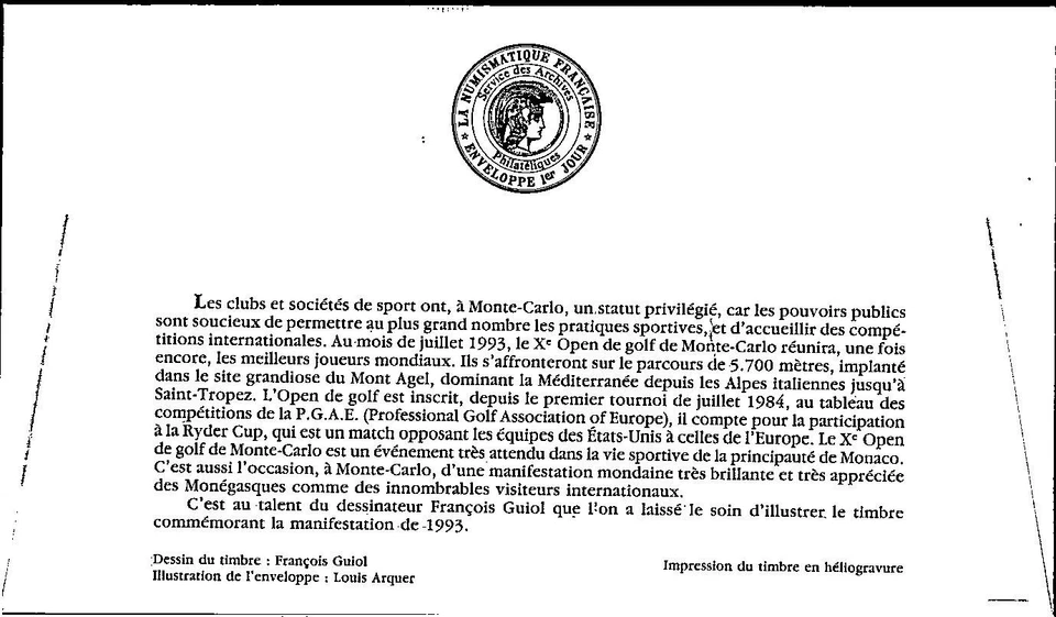 Monaco FDC 1993 10th Monte Carlo Golf Open - A02774 - Image 2 of 2