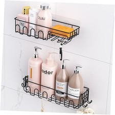 Adhesive Shower Caddy: 2 Bonus Hooks, 4-Pack Wall Mounted Bathroom Black