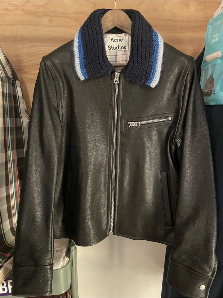 Chaqueta de cuero con cuello tejido negro Acne Studios talla S talla mediana Foto 2 de 4