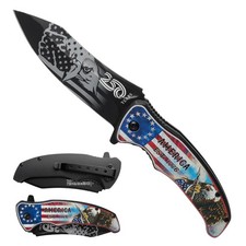 8.5"" Eagle  USA Flag Design Printed Handle Spring Assisted Folding Knife with
