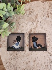 Vtg 90s Hand Painted Wood Magnets Set Folk Art Amish Boy Girl Silhouette 2"