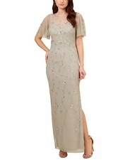 Adrianna Papell Women's Beaded Flutter-Sleeve Gown/Evening Maxi Dress Size 12