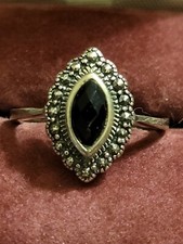Marquise Ring Sterling Silver Vintage Dark Gemstone Size 8.25