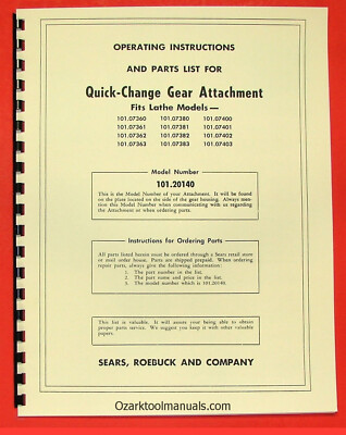 #ad CRAFTSMAN Atlas 101.20140 12quot; Quick Change Gear Instruction amp; Parts Manual 0188 $17.50