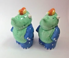 Salt & Pepper Shakers Ceramic Rhino Rhinoceros Dinosaur w/Bird by CoCo Dowley