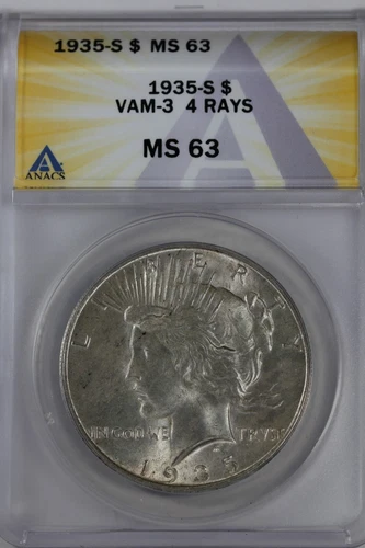 1935-S  1.00 ANACS  MS 63 VAM-3 4 RAYS Peace Dollar,  $1