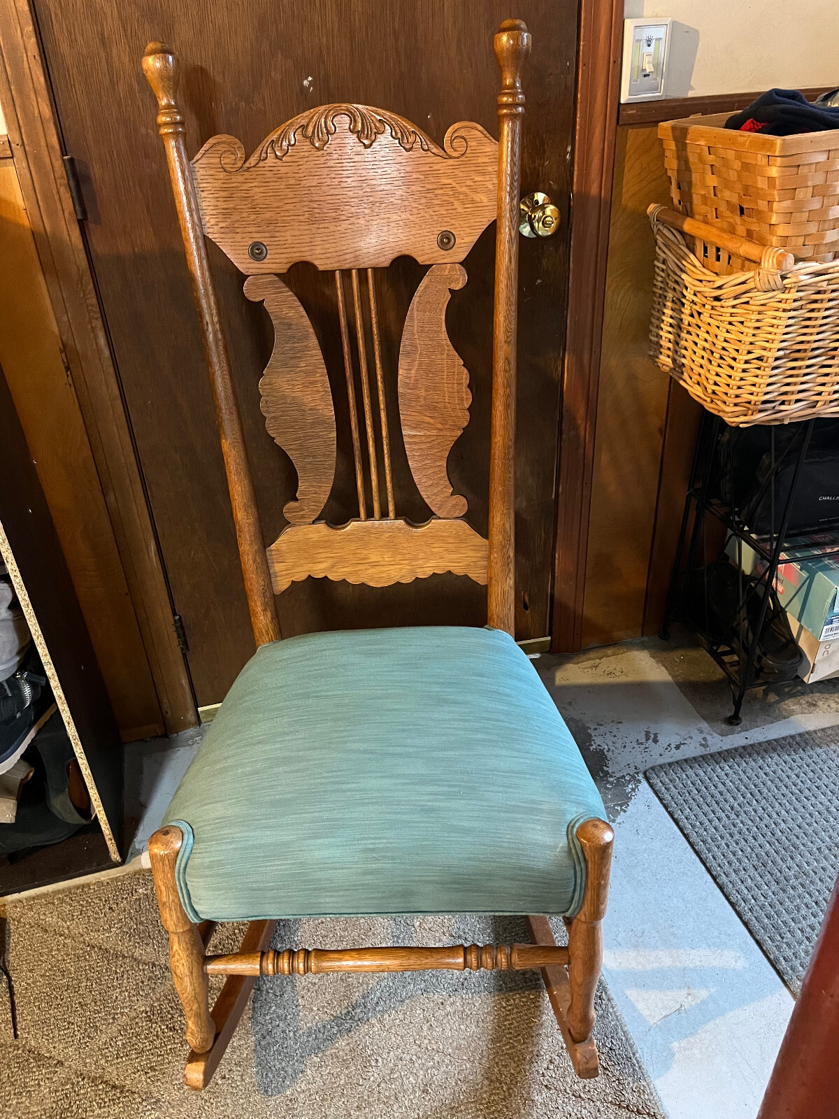 Antique Golden Oak Spindle Rocking Chair with Upholstered Seat | eBay