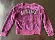 EUC Justice Girl's Sequin Logo Fuzzy Sweatshirt Burgundy Maroon Size 10