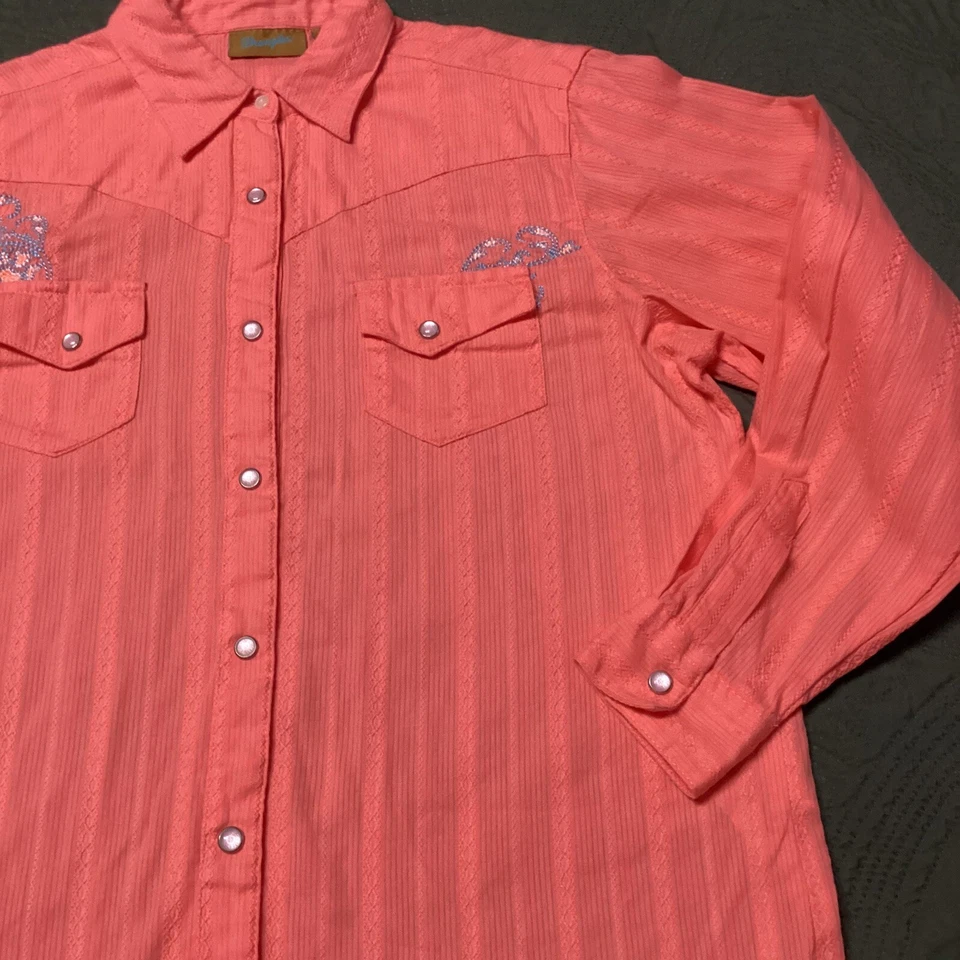 Kids Peachy/Orange Blue Embroidery Pearl Snap Wrangler Shirt Kids Xxl - Image 4 of 4