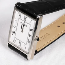 SEIKO Men's Watch Rectangular Quartz Black Leather Strap Vintage Dial SWR049 NEW