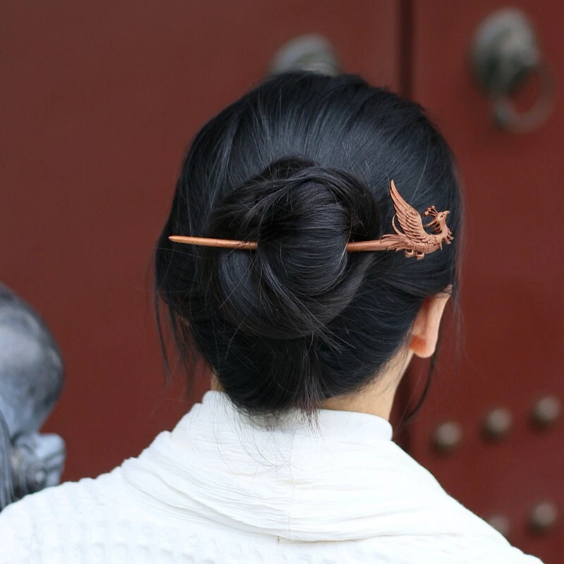 Peach Wood Carved Hair Pin Stick Phoenix Type Fork Updo Bun Outfit Decor - Image 4 of 4