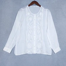 J. Jill Uncommon Threads Shirt Women's XS White Sheer Embroidered Blouse Beachy