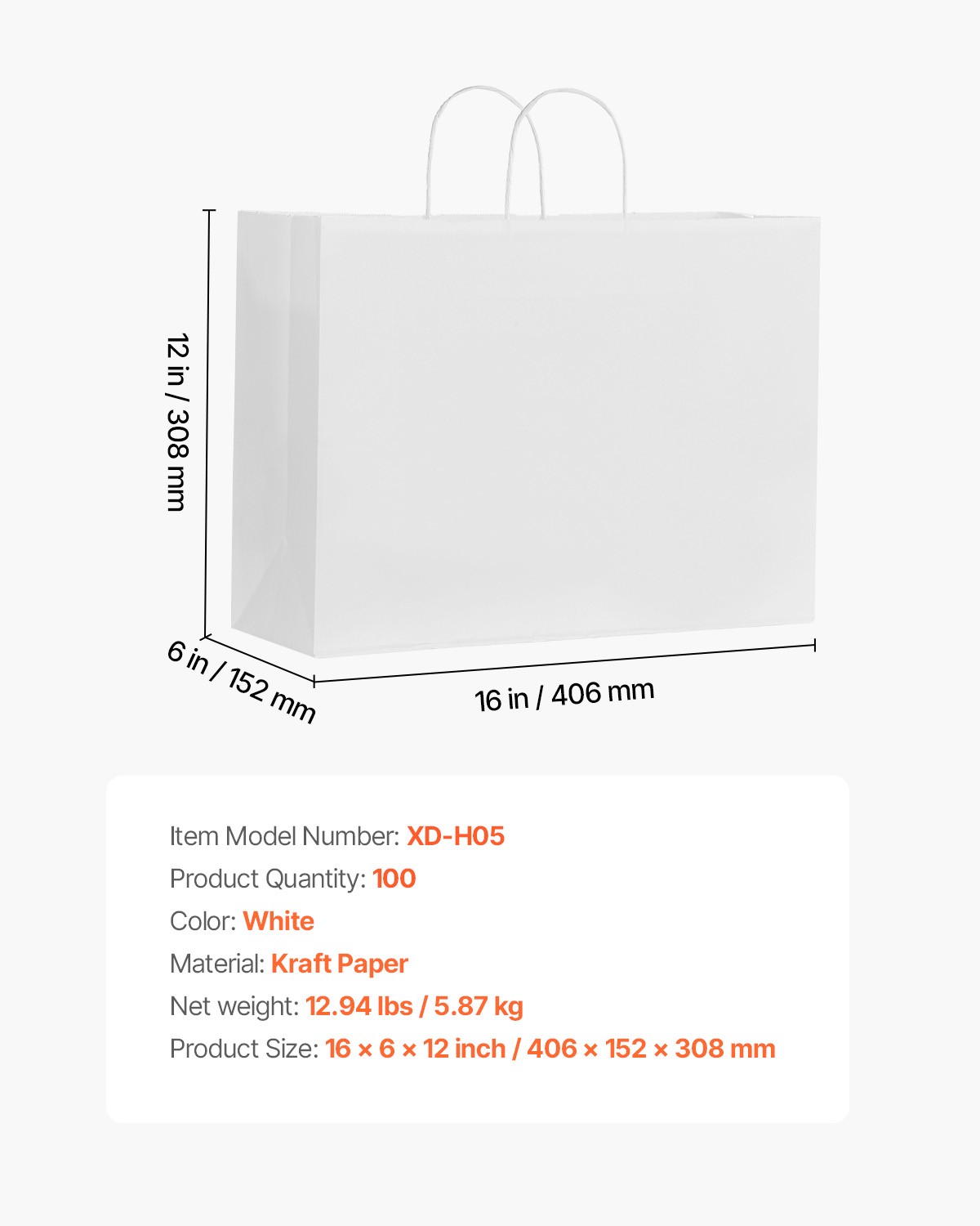 VEVOR Kraft Paper Bag with Handles 100Pcs 16x6x12 in Party Shopping Bag White