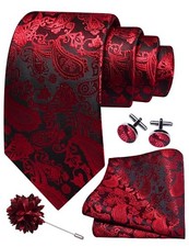 3.15"  8cm  Mens Paisley Tie and Lapel Pin Necktie Hankerchief Red Black