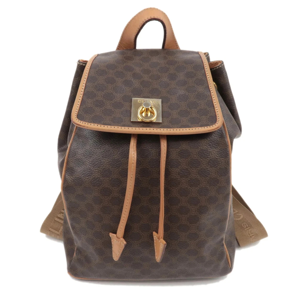 Celine Drawstring Flap Backpack Beige Brown Macadam Canvas CELINE - Brown Macadam Backpack PVC Preowned Made in Italy main image 3