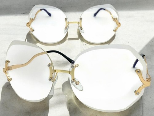 Klassisch elegante Vintage Retro Stil SONNENBRILLE großer randloser goldener Rahmen klare Gläser - Bild 1 von 6