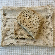 Vintage Beige Crocheted Lace Table Runner & Doily Handmade Granny Core Cottage