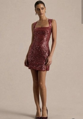 NWT Club L London Elettra Burgundy Sequin Square-Neck Mini Dress Size 8/S 