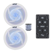 Pyle Marine Bluetooth Controller, 2x 5.25" 180W Blue LED Speakers White w/Wire
