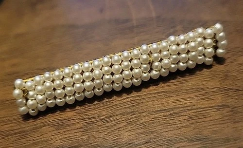 Vintage Signed MIRIAM HASKELL Gold-Tone Faux Seed Pearl 2.25" Bar Pin Brooch