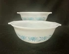Vintage Glasbake Milk Glass Blue Thistle Flower Bowl Set Of 2 EUC 8.5 And 9”