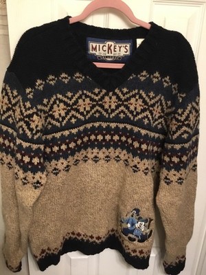 Vintage Disney s Mickey s Men s Sweater Ski Lodge 100% Wool SZ S Oversized