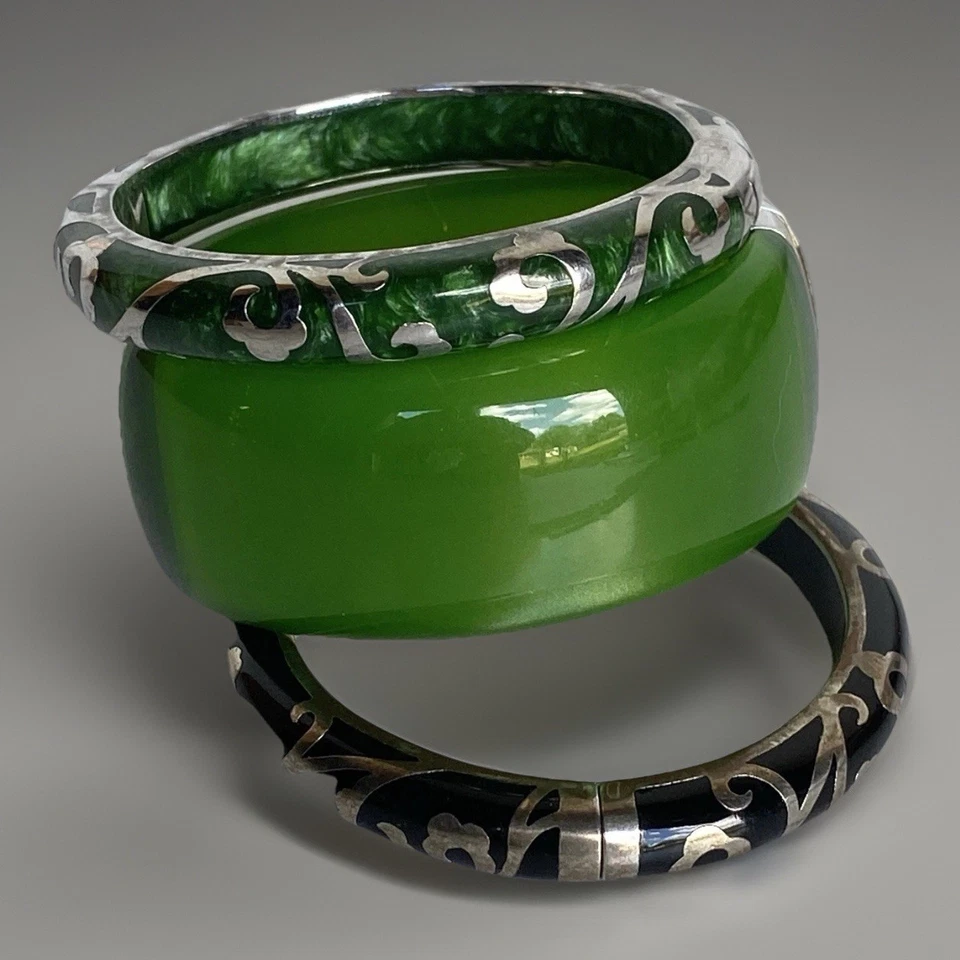 Lote de 3 Pulseras Abrazadera Verde, Negro Superposición Resina Mármol y Plateada 7" Foto 2 de 4