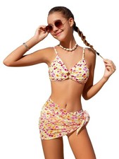 Girl's 3 Piece Bikini Sets Floral Print Spaghetti Straps Wireless Swimsuits w...