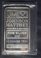 JOHNSON MATTHEY 10 OZ .999 FINE SILVER BAR S/N=A026044 LOT 120130 75.75 per troy oz