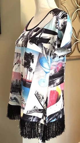Top blusa donna STYLE & CO tunica PICCOLA S frange manica corta LA retro collage - Foto 2 di 8