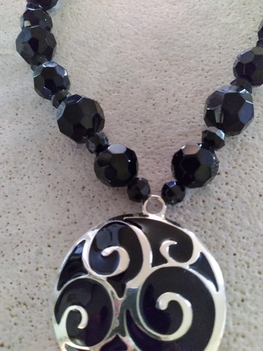 Black Lg/Sm Beaded Necklace, Black Round Pendant w/Silver Scroll Design,HANDMADE - Picture 6 of 6