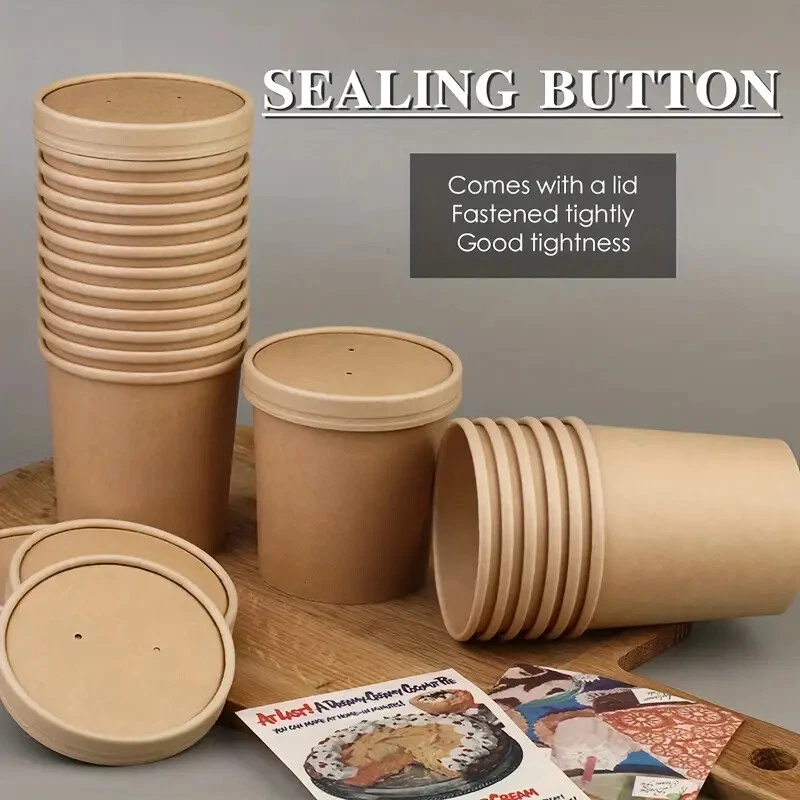 D MART Kraft Brown Soup Cups & Lids Takeaway Ice Cream Containers Disposable Pot - Image 3 of 4