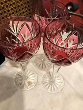 3 AJKA/DESIGN GUILD WINE GLASSES Cranberry CUT TO CLEAR CRYSTAL HUNGARY