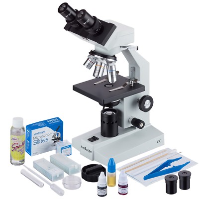 AmScope B100 Series 40X-2500X Binocular Compound LED Microscope + Slide Prep Kit