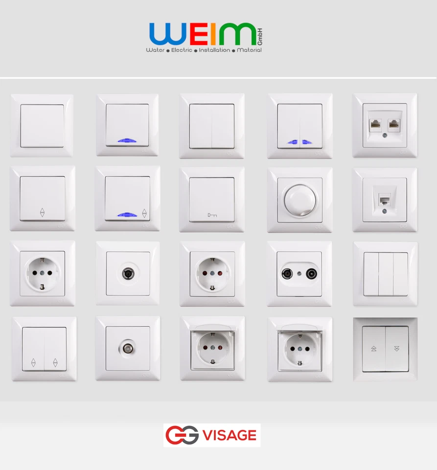 Schuko Steckdose Schalter Taster Rahmen Jalousie Dimmer Visage Unterputz Weiß