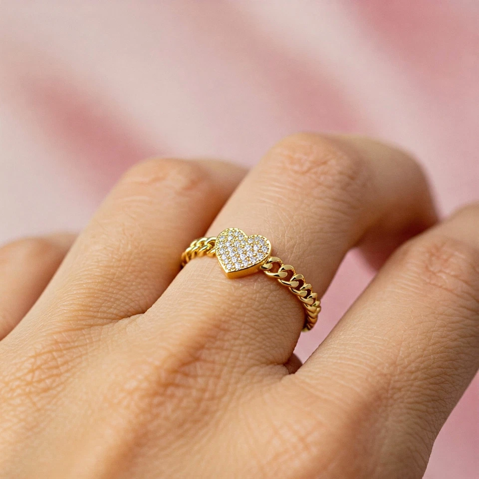 Alianza de compromiso con corazón de diamantes de 0,17 quilates de oro macizo real de 14 quilates cultivada en laboratorio Foto 2 de 4