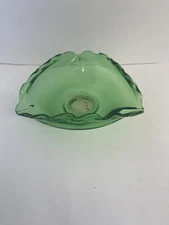 MCM Green Blown Glass Dish Tri-Corner Scalloped Rim Candy Dish